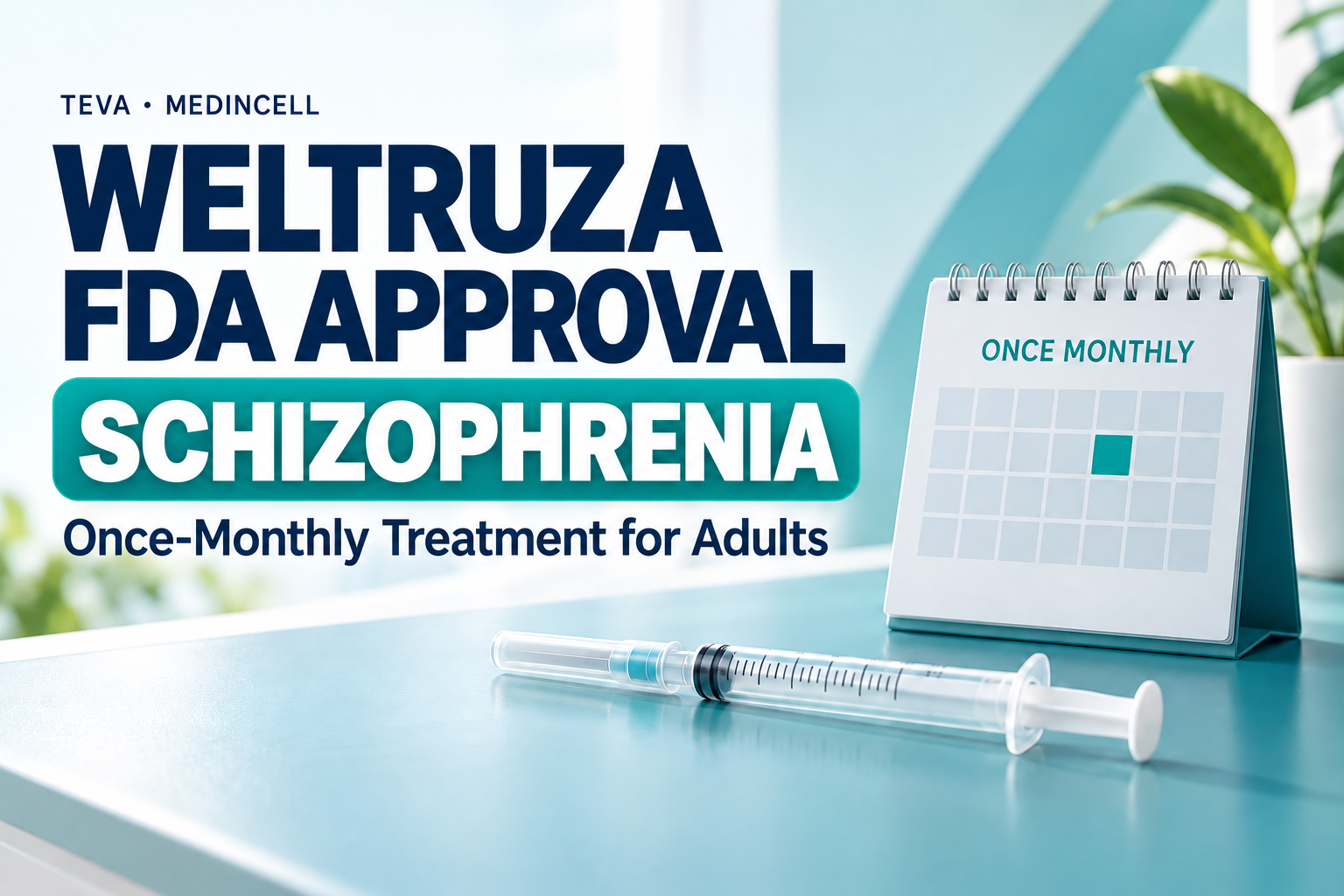 Weltruza FDA approval thumbnail featuring a syringe and monthly calendar for Teva and Medincell’s schizophrenia treatment.