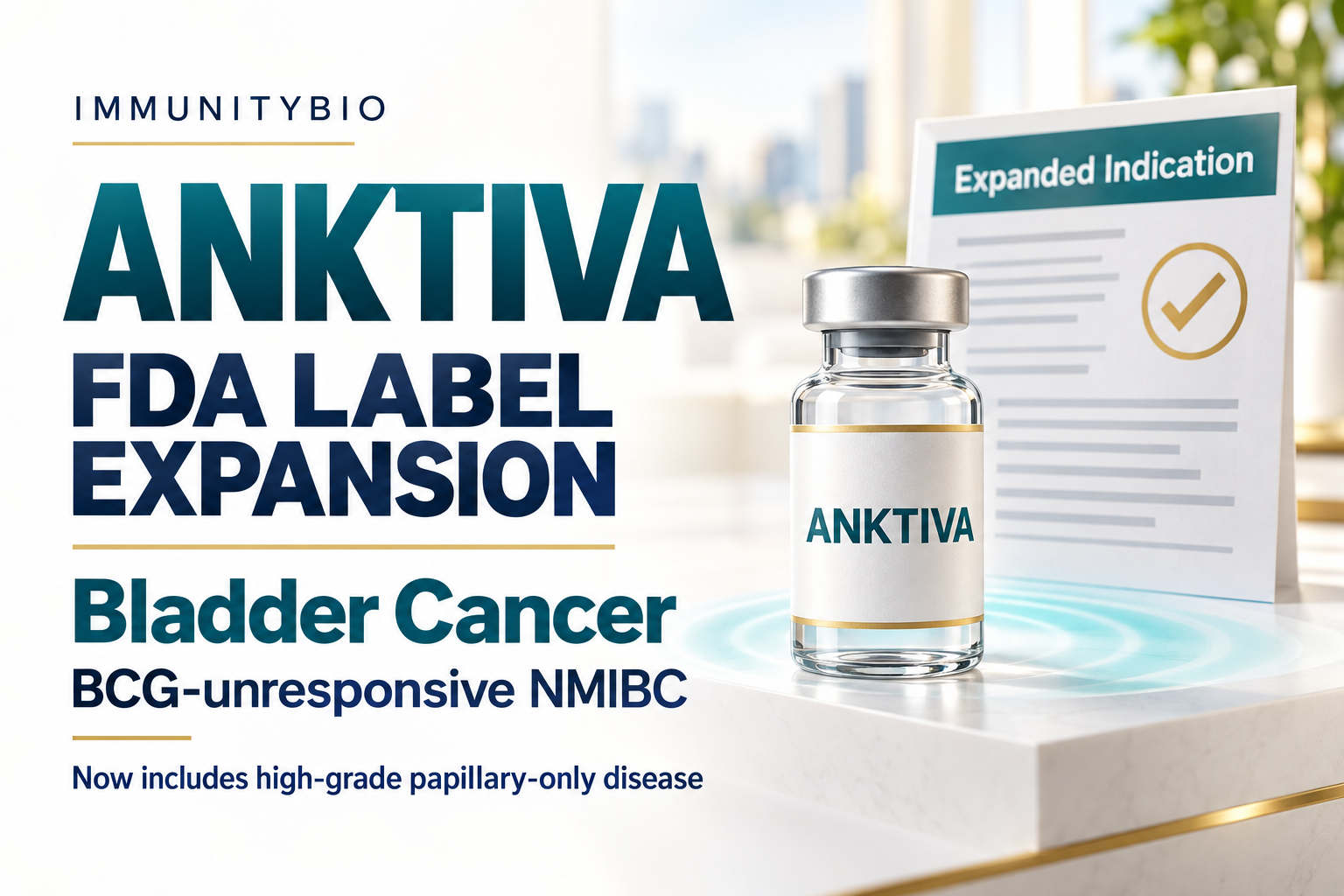 Illustrated Anktiva vial beside an expanded-indication document, highlighting FDA approval expansion in BCG-unresponsive bladder cancer.