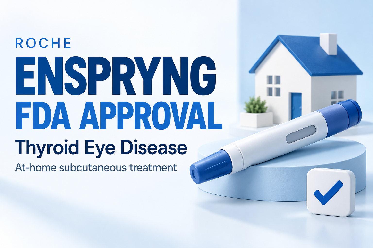 Roche Enspryng FDA approval for thyroid eye disease, illustrated with an injection pen and a model house.