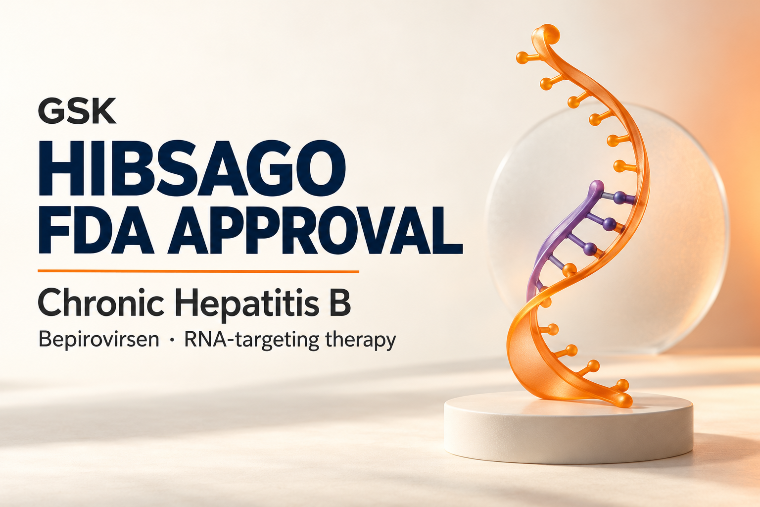 GSK Hibsago FDA approval for chronic hepatitis B, illustrated with an orange RNA strand and a purple antisense segment.