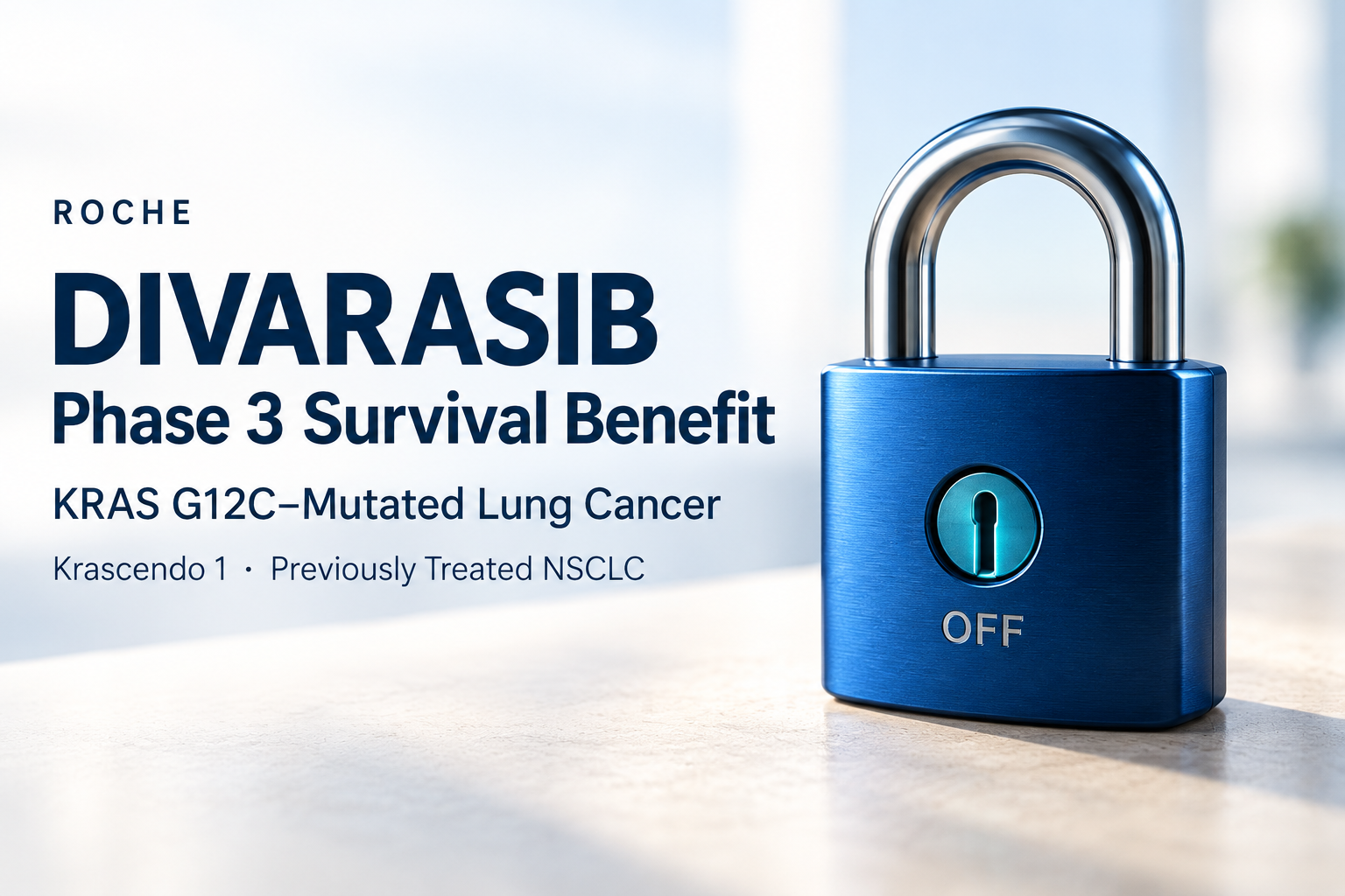 Blue padlock marked “OFF” beside text about Roche’s divarasib Phase 3 results in KRAS G12C-mutated lung cancer.